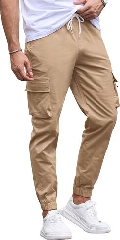 Mens Cargo Jogger Pants Elastic Waist Drawstring Slim Fit with Zipper Pockets Cotton Pants for Men in Saudi Arabia