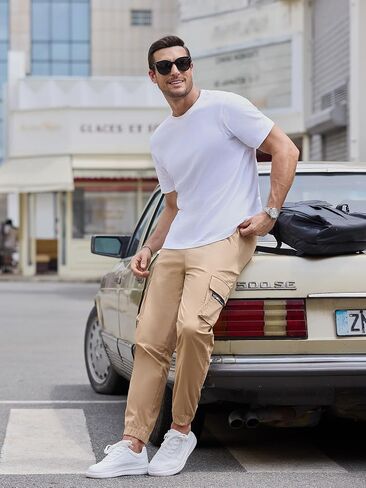 Mens Cargo Jogger Pants Elastic Waist Drawstring Slim Fit with Zipper Pockets Cotton Pants for Men in Saudi Arabia