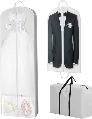 70'' Wedding Dress Garment Bag with 26'' Bride Tote Bag and 46'' Suit Bags for Men with 2 Large Pocket Carry Handle (White Gray) in Saudi Arabia
