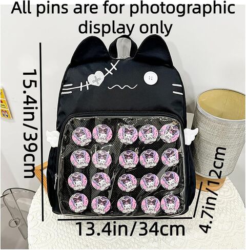 ITA Bag Backpack with Pin Display Insert & Pins - Kawaii Cat Daypack for Girls and Teens, Anime Cosplay Back to School Gift (Black) in Saudi Arabia
