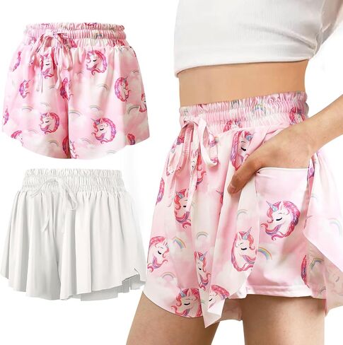 2 Pack Girls Butterfly Shorts 2 in 1 Flowy Shorts with Pockets Quick-Drying Tennis Gym Cheer Skirt Athletic Shorts 5-14Y in Saudi Arabia