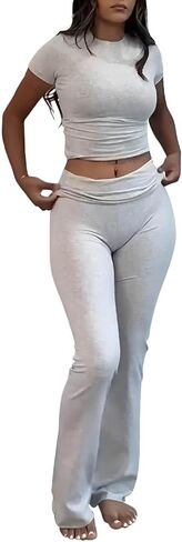 Two Piece Lounge Sets for Women Fold Over Flare Pants Short Sleeve Crop Top Y2k Outfits Matching Set Tracksuit in Saudi Arabia
