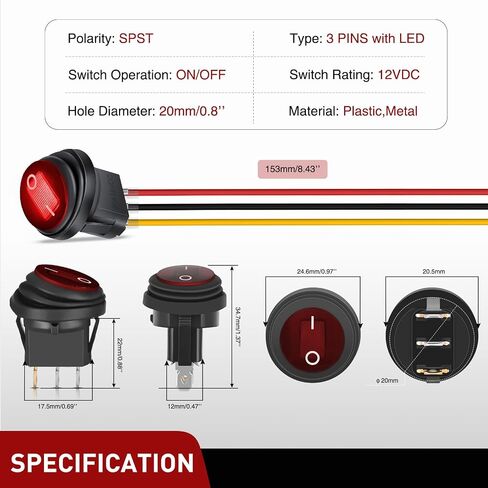Nilight 5 قطع مقاومة للماء مستديرة الروك تبديل أحمر LED التبديل 12 فولت 20 أمبير 3 دبوس تشغيل SPST لسيارة شاحنة قارب البحرية السيارات RV مع أسلاك طرفية مغلقة in Kuwait