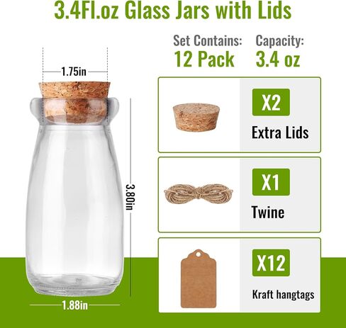 الجرار الزجاجية الصغيرة مع أغطية الفلين 3.4 أوقية، 12 حزمة زجاجات جرعة صغيرة مع سدادات الفلين، الجرار الصدف، قوارير زجاجية، جرة حبوب منع الحمل، جرة الإملائي، الجرار الزبادي، الجرار الزجاجية الصغيرة للنباتات، هدايا الحفلات in Kuwait