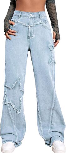 Kedera Women's Wide Leg Denim Pants Teen Star Raw Edge Baggy Trousers High Waisted Boyfriend Y2K Jeans Girls Fashion in Saudi Arabia