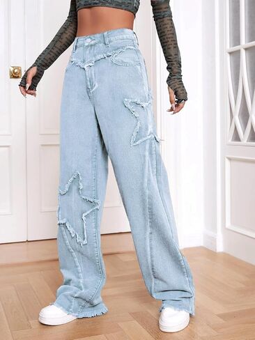 Kedera Women's Wide Leg Denim Pants Teen Star Raw Edge Baggy Trousers High Waisted Boyfriend Y2K Jeans Girls Fashion in Saudi Arabia