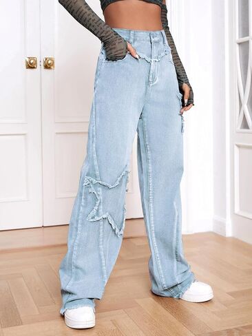 Kedera Women's Wide Leg Denim Pants Teen Star Raw Edge Baggy Trousers High Waisted Boyfriend Y2K Jeans Girls Fashion in Saudi Arabia