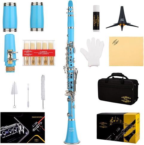 جلوري بي كلارينيت مسطح مع برميل ثانٍ، 11 قصبة، 8 وسائد، حقيبة، مجموعة العناية والمزيد ~ أزرق فاتح in Kuwait