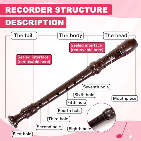 CONJURER Soprano Recorder Instrument for Kids Student - German Fingering 8 Hole Flute ABS Descant Recorders for Beginners with Cleaning Rod and Bag, Lightpink in Kuwait
