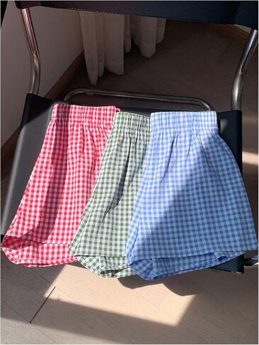 MakeMeChic Women's 3 Pack Plaid Boxer Shorts Y2k Elastic High Waist Lounge Gingham Shorts in Saudi Arabia
