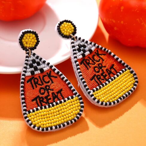 Halloween Earrings Handmade Black Witch Hat Candy Corn Pumpkin Skull Beaded Drop Dangle Earrings Studs for Women Girls Halloween Cosplay Costume Party Jewelry Gifts in Kuwait