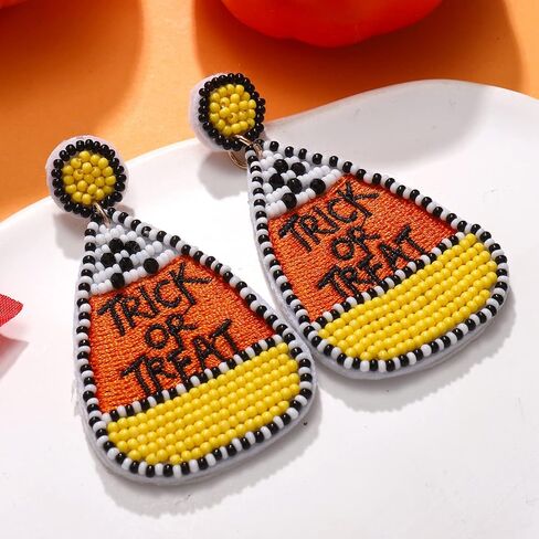 Halloween Earrings Handmade Black Witch Hat Candy Corn Pumpkin Skull Beaded Drop Dangle Earrings Studs for Women Girls Halloween Cosplay Costume Party Jewelry Gifts in Kuwait