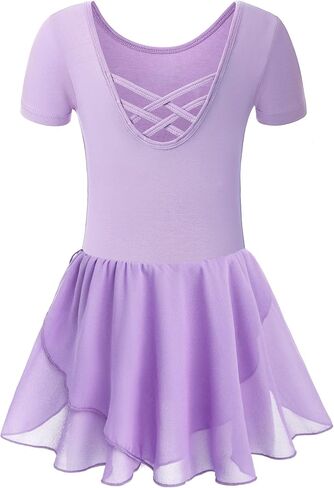 Ballet Leotards for Girls Ballet Leotard with Skirt Ballet Dance Dress Criss-Cross Back Dance leotards Short Sleeve in Saudi Arabia