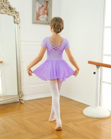 Ballet Leotards for Girls Ballet Leotard with Skirt Ballet Dance Dress Criss-Cross Back Dance leotards Short Sleeve in Saudi Arabia