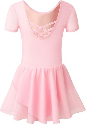 Ballet Leotards for Girls Ballet Leotard with Skirt Ballet Dance Dress Criss-Cross Back Dance leotards Short Sleeve in Saudi Arabia