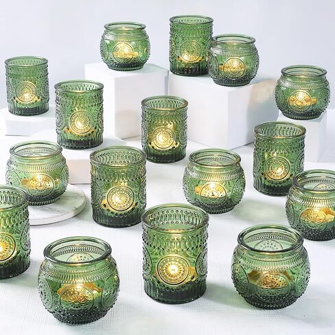 36 Pcs Green Votive Candle Holders Bulk- Assorted Glass Tea Lights Candle Holders, Green Candle Holders, Tea Candle Holders for Christmas, Tea Party, Fall Wedding, Bridal Shower Table Centerpieces in Saudi Arabia