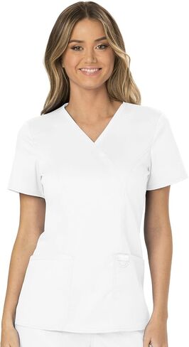 Cherokee Scrub Set For Women, Modern Classic Fit Mock Wrap Top WW610 With Mid Rise, Straight Leg Pant WW110, White- L Top/L Petite Pant in Saudi Arabia