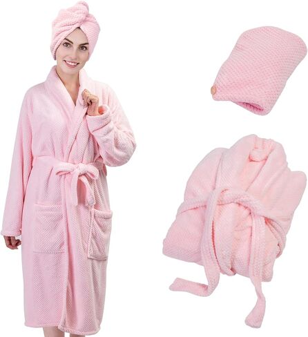 Women Microfiber Coral Fleece Full- Length Bathrobe with Hair Towel Wrap, Soft, Absorbent and Warm in Saudi Arabia