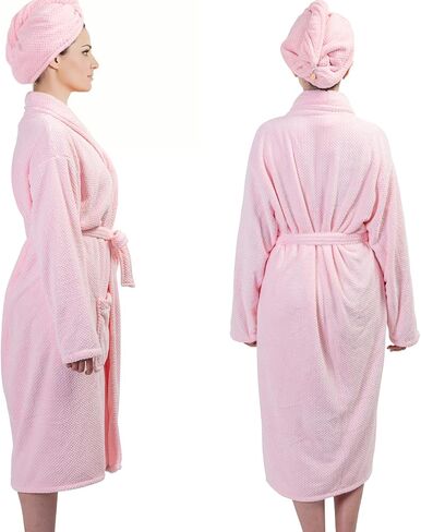 Women Microfiber Coral Fleece Full- Length Bathrobe with Hair Towel Wrap, Soft, Absorbent and Warm in Saudi Arabia