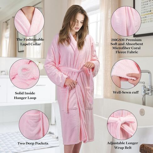 Women Microfiber Coral Fleece Full- Length Bathrobe with Hair Towel Wrap, Soft, Absorbent and Warm in Saudi Arabia