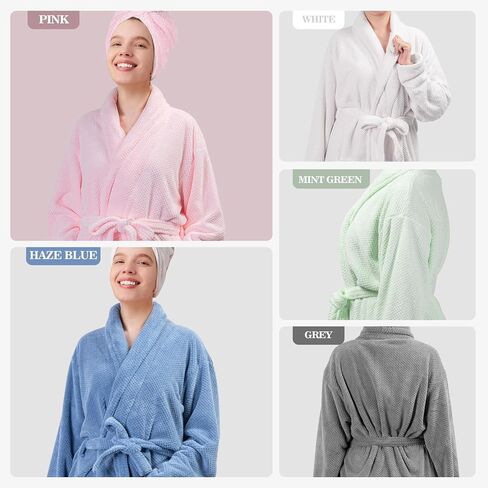 Women Microfiber Coral Fleece Full- Length Bathrobe with Hair Towel Wrap, Soft, Absorbent and Warm in Saudi Arabia