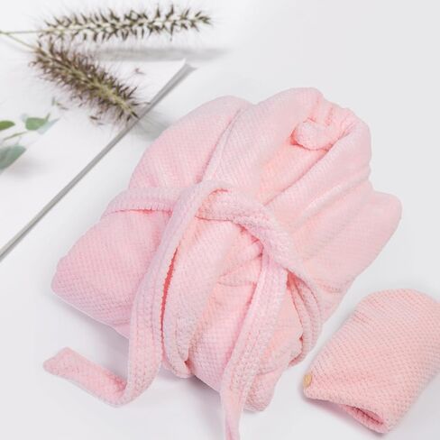 Women Microfiber Coral Fleece Full- Length Bathrobe with Hair Towel Wrap, Soft, Absorbent and Warm in Saudi Arabia