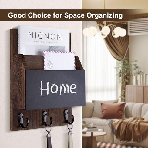 Key and Mail Holder for Wall Mount, Entryway Mail Holder with 2 Slot, Key Holder with 3 Sturdy Hooks for Coat, Dog Leash, Decorative Key Rack (8.86"W x 11.38"H x 3"D) (Brown) in Saudi Arabia