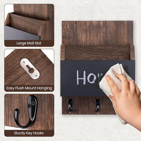 Key and Mail Holder for Wall Mount, Entryway Mail Holder with 2 Slot, Key Holder with 3 Sturdy Hooks for Coat, Dog Leash, Decorative Key Rack (8.86"W x 11.38"H x 3"D) (Brown) in Saudi Arabia