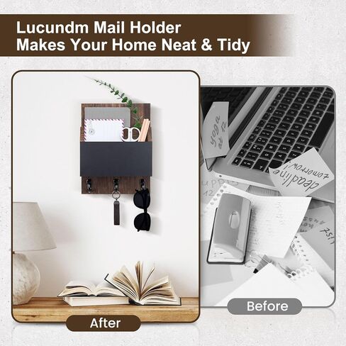 Key and Mail Holder for Wall Mount, Entryway Mail Holder with 2 Slot, Key Holder with 3 Sturdy Hooks for Coat, Dog Leash, Decorative Key Rack (8.86"W x 11.38"H x 3"D) (Brown) in Saudi Arabia