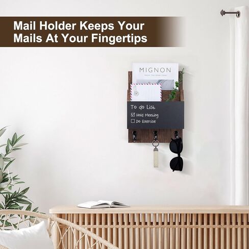 Key and Mail Holder for Wall Mount, Entryway Mail Holder with 2 Slot, Key Holder with 3 Sturdy Hooks for Coat, Dog Leash, Decorative Key Rack (8.86"W x 11.38"H x 3"D) (Brown) in Saudi Arabia