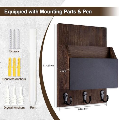 Key and Mail Holder for Wall Mount, Entryway Mail Holder with 2 Slot, Key Holder with 3 Sturdy Hooks for Coat, Dog Leash, Decorative Key Rack (8.86"W x 11.38"H x 3"D) (Brown) in Saudi Arabia