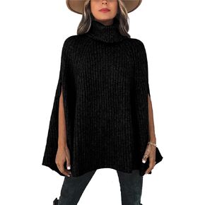 KIRUNDO Women's 2024 Fall Winter Turtleneck Poncho Sweater Fashion Chunky Knit Cape Wrap Sweaters Pullover Jumper Tops
