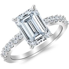 14K White Gold 2 Carat LAB GROWN DIAMOND Classic Prong Set Emerald Cut Diamond Engagement Ring (G-H Color VS1-VS2 Clarity 1.5 Ct Center)