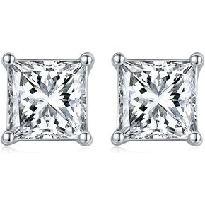 TwoBirch 1 Carat Princess Moissanite Stud Earrings (4.5 x 4.5 mm, Certified) set in Platinum Plated Silver