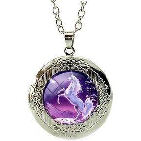قلادة من DianaL Boutique فضية اللون جميلة بيضاء يونيكورن الحصان المنجد قلادة الزجاج كابوشون الفن صورة مجوهرات