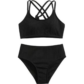 Milumia Girl's 2 Piece Criss Cross Bikini Sets Ribbed Spaghetti Strap Swimsuit Swimwear