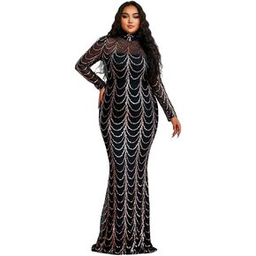 فستان Miss ord نسائي رسمي بمقاس كبير ورقبة عالية مزين بالترتر للحفلات الراقصة، فستان سهرة شبكي بأكمام طويلة على شكل حورية البحر in Kuwait