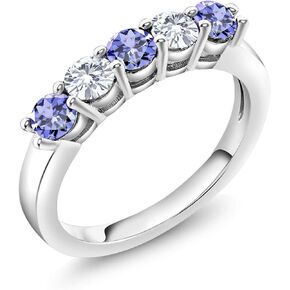 Gem Stone King 925 Sterling Silver Blue Tanzanite and White Moissanite 5-Stone Wedding Anniversary Band Ring For Women (0.86 Cttw, Gemstone December Birthstone, Available In Size 5, 6, 7, 8, 9)