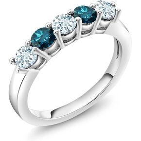 Gem Stone King 925 Sterling Silver Sky Blue Aquamarine and Blue Diamond 5-Stone Wedding Anniversary Band Ring For Women (0.81 Cttw, Gemstone March Birthstone, Available In Size 5, 6, 7, 8, 9)