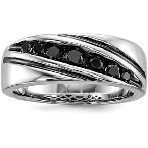 Solid Sterling Silver Black Diamond Mens Wedding Band Ring