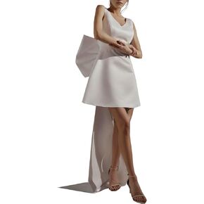 Ayervici Women's Mini Wedding Dress V Neck A Line Detachable Bow with Train Satin Short Bridal Gowns
