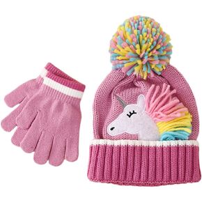 Toddler Kids Girls Winter Knit Unicorn Beanie Hat and Gloves Set with Pom Pom Age 2-8 Yrs