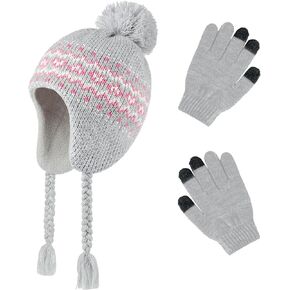 Toddler Kids Winter Beanie Hat Mittens Set for Baby Girls Boys Warm Knitted Fleece Earflap Hat and Gloves Set Ages 1-6