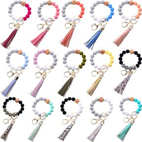 15 Pcs Silicone Key Ring Bracelet Women Portable Key Chains Beaded Car Keys Keychain Wristlet Holder Bangle Chain with Tassel for Women Girls