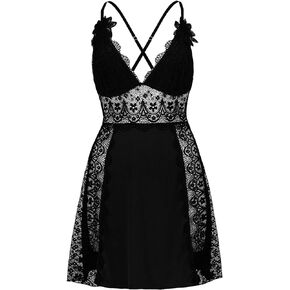 LINGERLOVE Plus Size Lingerie for Women Sexy V Neck babydoll Chemises Lace Mesh Nightgown M-4XL