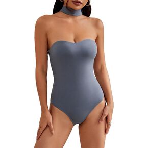 OYOANGLE Women's Strapless Slim Fit Halter Bodysuit Solid Rib Knitted Sleeveless Racer Back Bandeau Tops