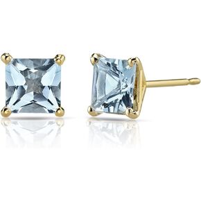 Peora Solid 14K Yellow Gold Aquamarine Stud Earrings for Women, Genuine Gemstone Birthstone Solitaire, Hypoallergenic Princess Cut, 6mm, 1.75 Carats total, Friction Back