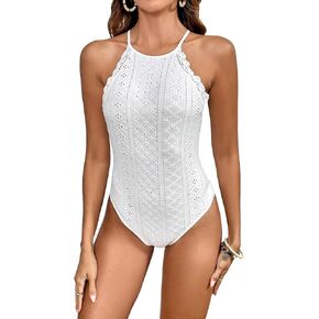 SHENHE Women's Solid Halter Neck Contrast Lace Eyelet Embroidered Sleeveless Bodysuit
