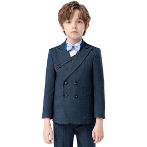 Boys Suit Formal Slim Fit Toddler Tuxedo Kids Blue Bandage 3 Piece Set Blazer Vest Dress Pants Outfit 3T-14Y