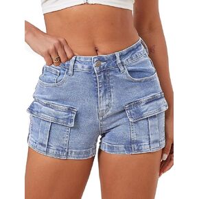 ELLEVEN High-Stretch Women's Cargo Jean Shorts, Trendy High-Waisted Cotton Denim Shorts with Pockets, Y2K Mini Denim Shorts